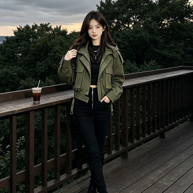 Hooded Cargo Crop Jacket Women Drawstring Elastic Hem Multi‑Pocket Elastic Waist Y2K Cropped Street Loose Streetwear Outerwea
