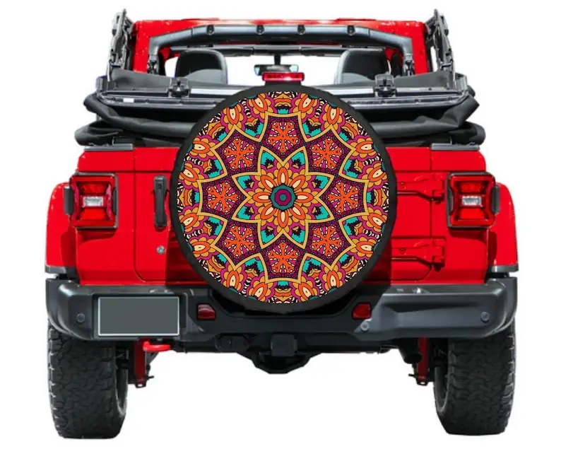 Spare Tire Cover with Mandala design Rear Camera option, Tire Cover, girl, Accessories, Orange Mandala tire cover