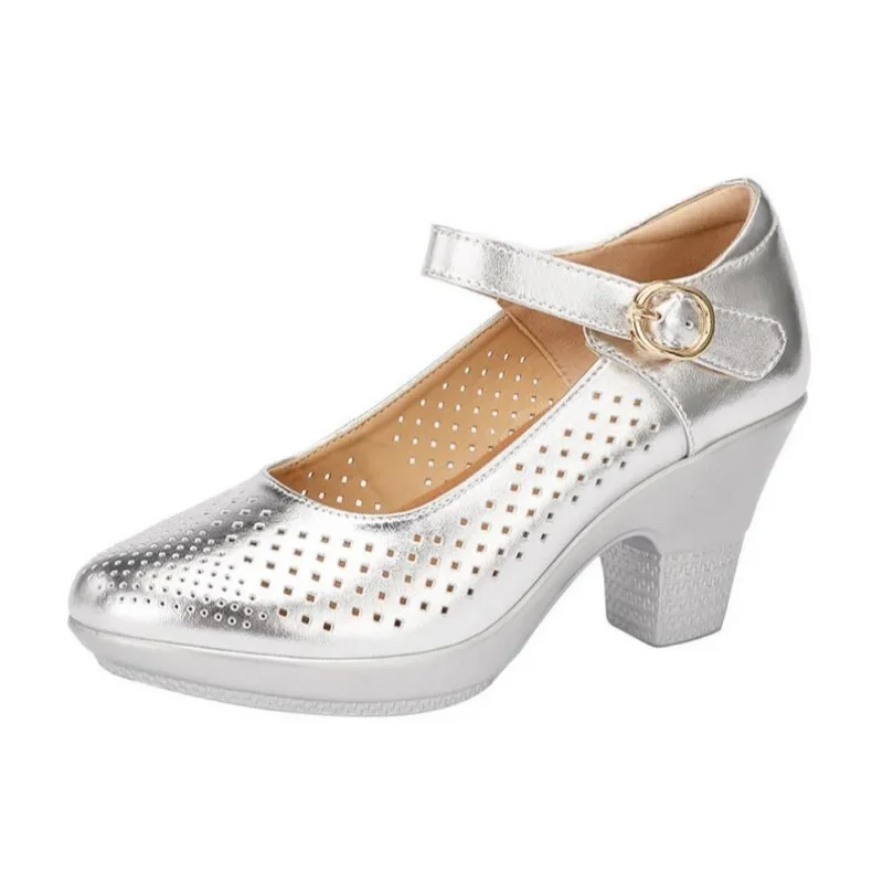 

5.5cm 7.5cm Breathable Cutout Block Heels Shoes 2025 Soft Leather Platform Pumps for Mom Dance Model Shoes