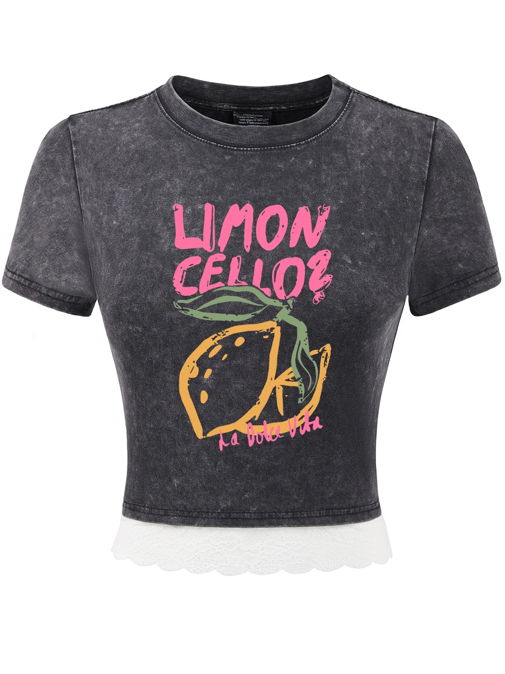 

Lemon Cellos Creative Fruit Print Cotton Crop Tees Womens Summer Lace Hem Washed T-Shirts O-Neck Distressed Tops Sexy Clothes