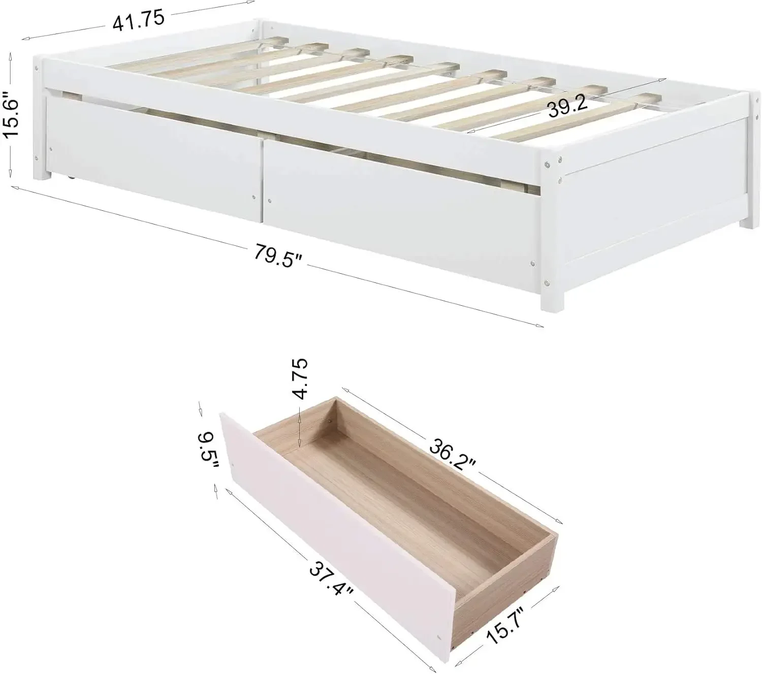 Storage Drawers,Kids Twin Bed with Storage,Twin Bed Frames for Kids, Teens, Adults, Solid Wood Platform Bed,White