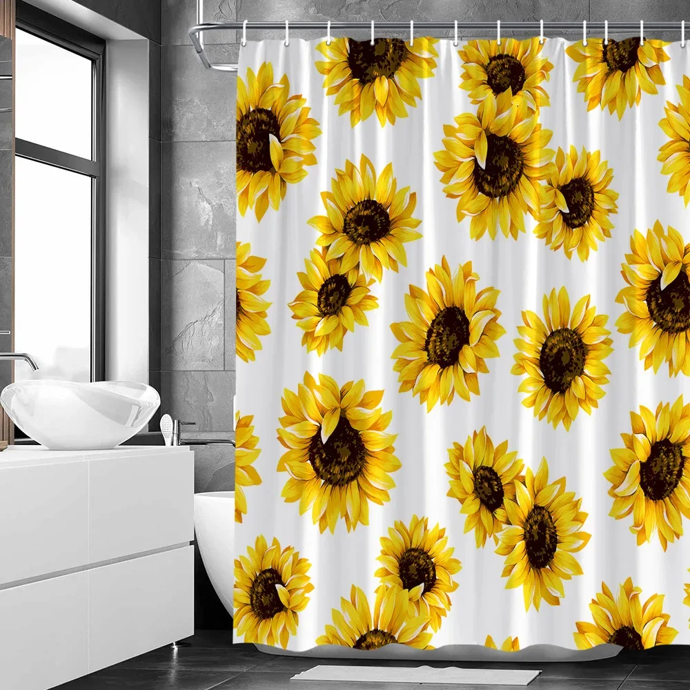 Yellow Sunflower Shower Curtain Summer Floral Fabric Decorative Bathroom Hanging Curtains Autumn Rustic Botanical Bathroom Decor