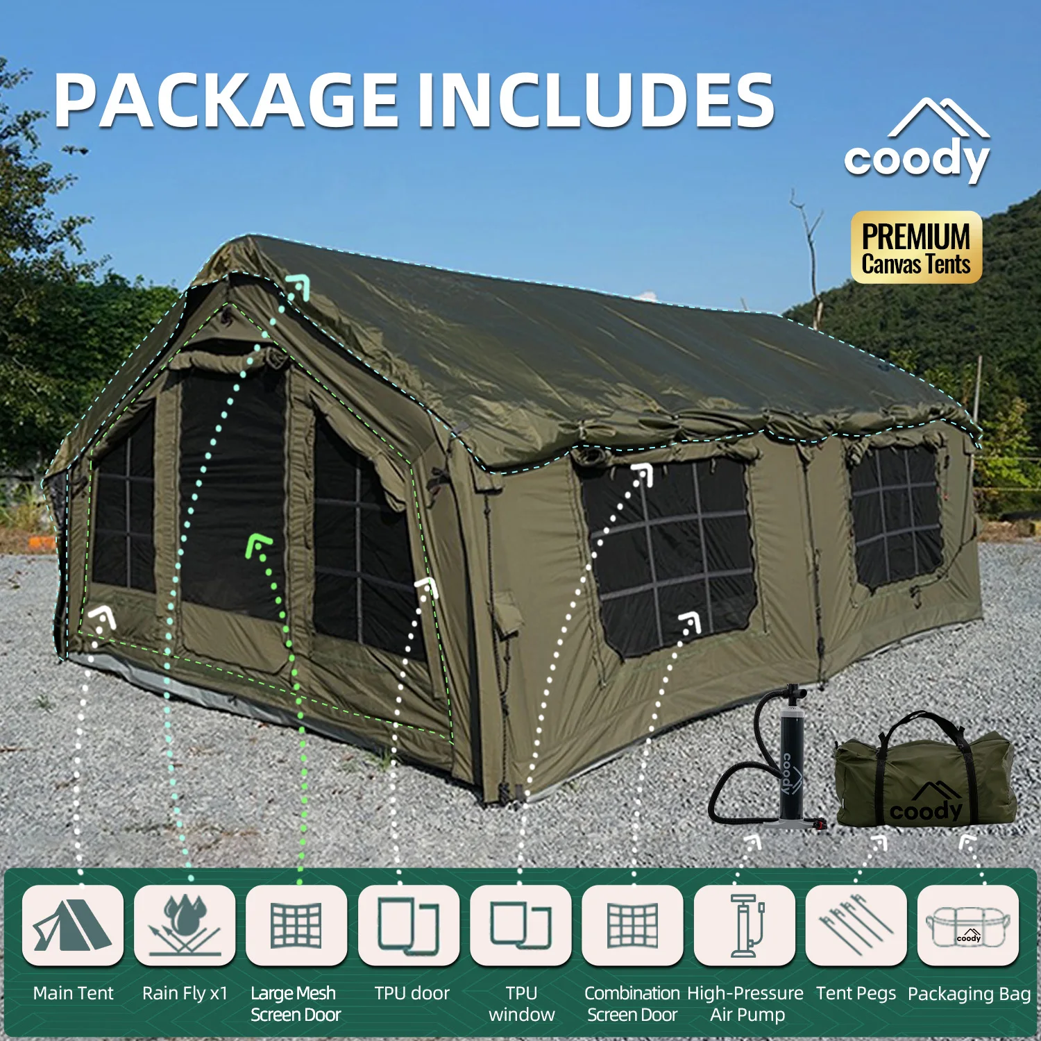 17.2 Air Tent-Army Green Luxury Portable Inflatable Tent For Camping Cotton Fabric Outdoor AdventuresFor RV