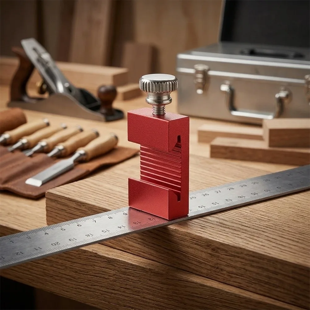 Anodized Aluminum Scribing Stop Block with Metric Scale for Long-Term Use in Indoor and Outdoor Woodworking Environments