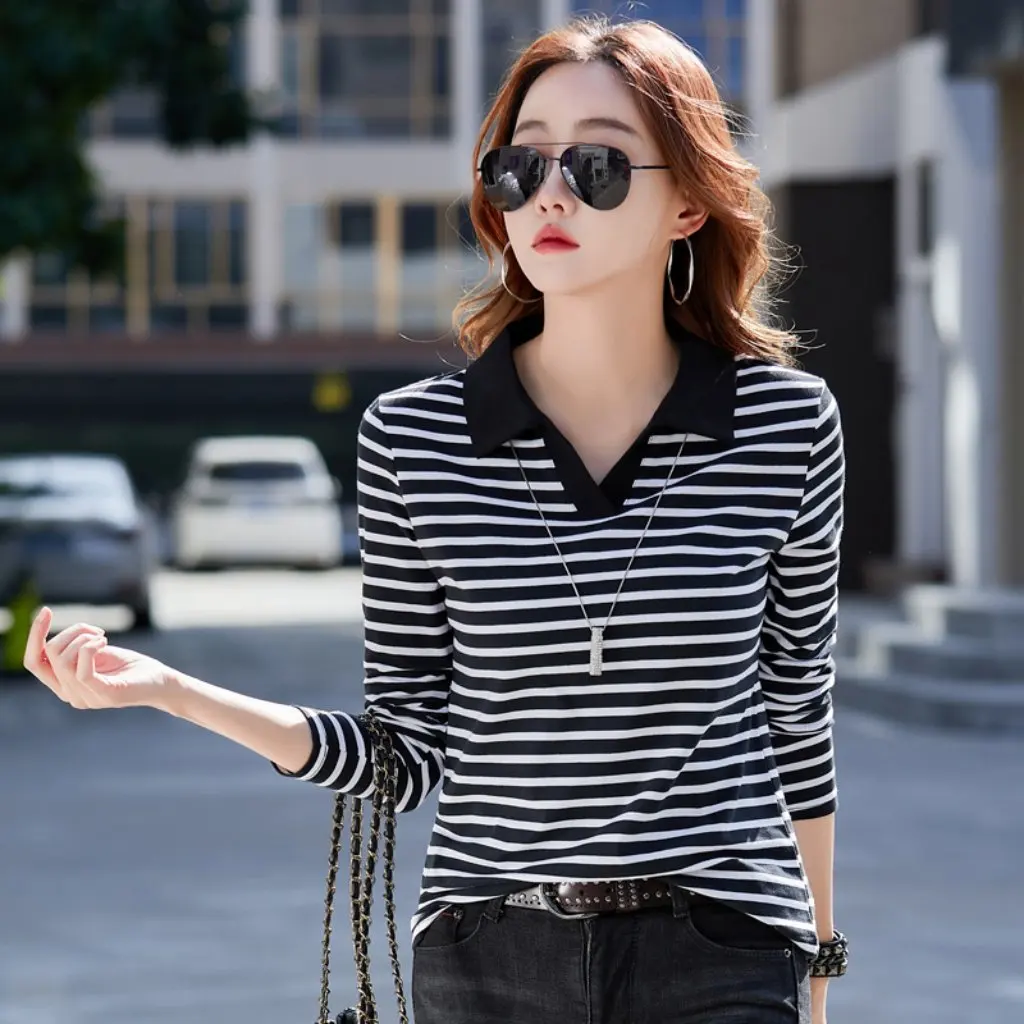 

Women's Long-Sleeved Polo Collar T-shirt Slim-Fit Base Shirt Solid Color Outer Wear for Spring And Summer