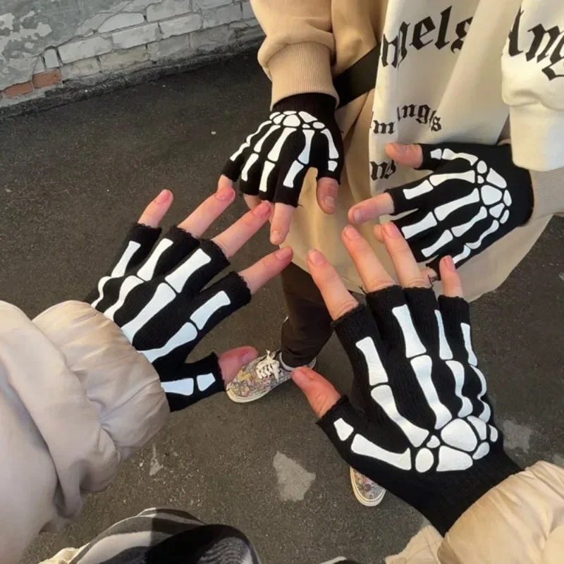 Punk Gloves Halloween Gloves Cosplay Y2k Skeleton Skull Half Finger Gloves Glow in The Dark Stretch Knitted Winter Mittens Adult