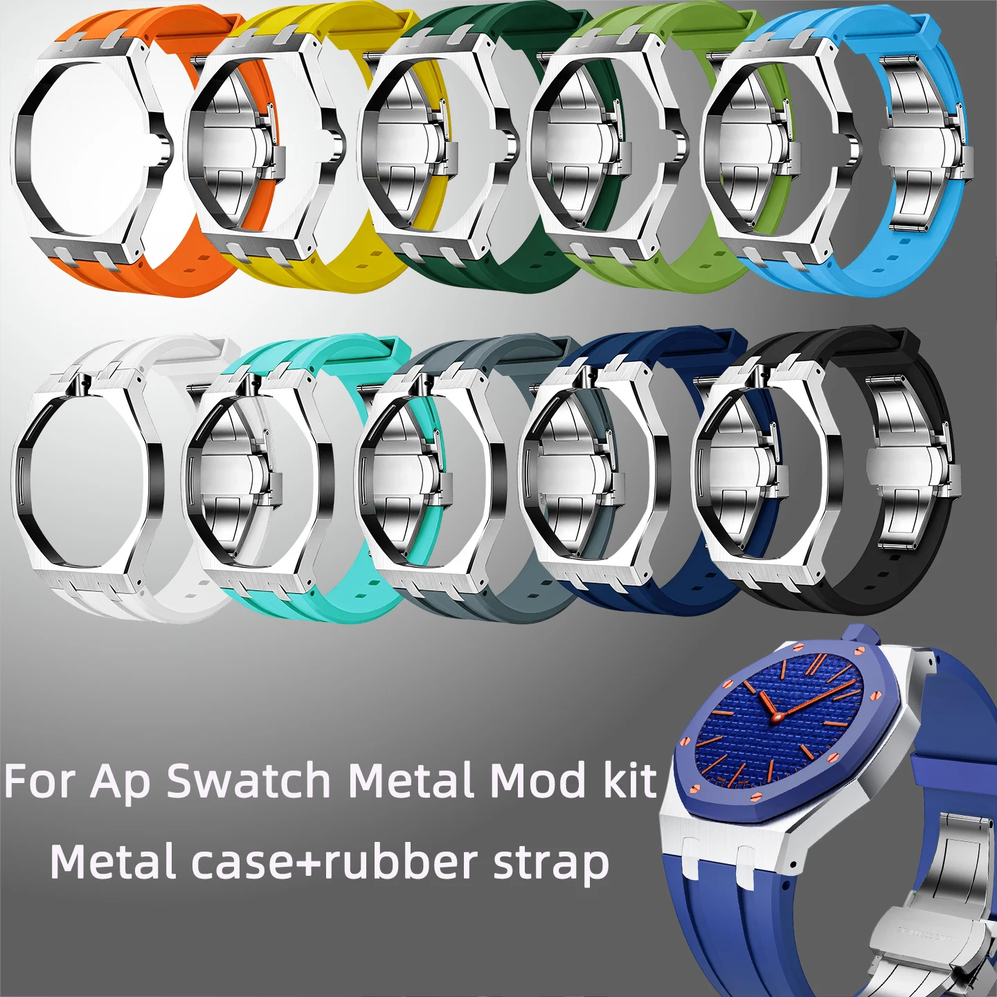 

Business Silicone Strap + Stainless Steel Case for Swatch X AP Royal Oak Integrated Mod Watch Band Metal Protect Cover Bracelet
