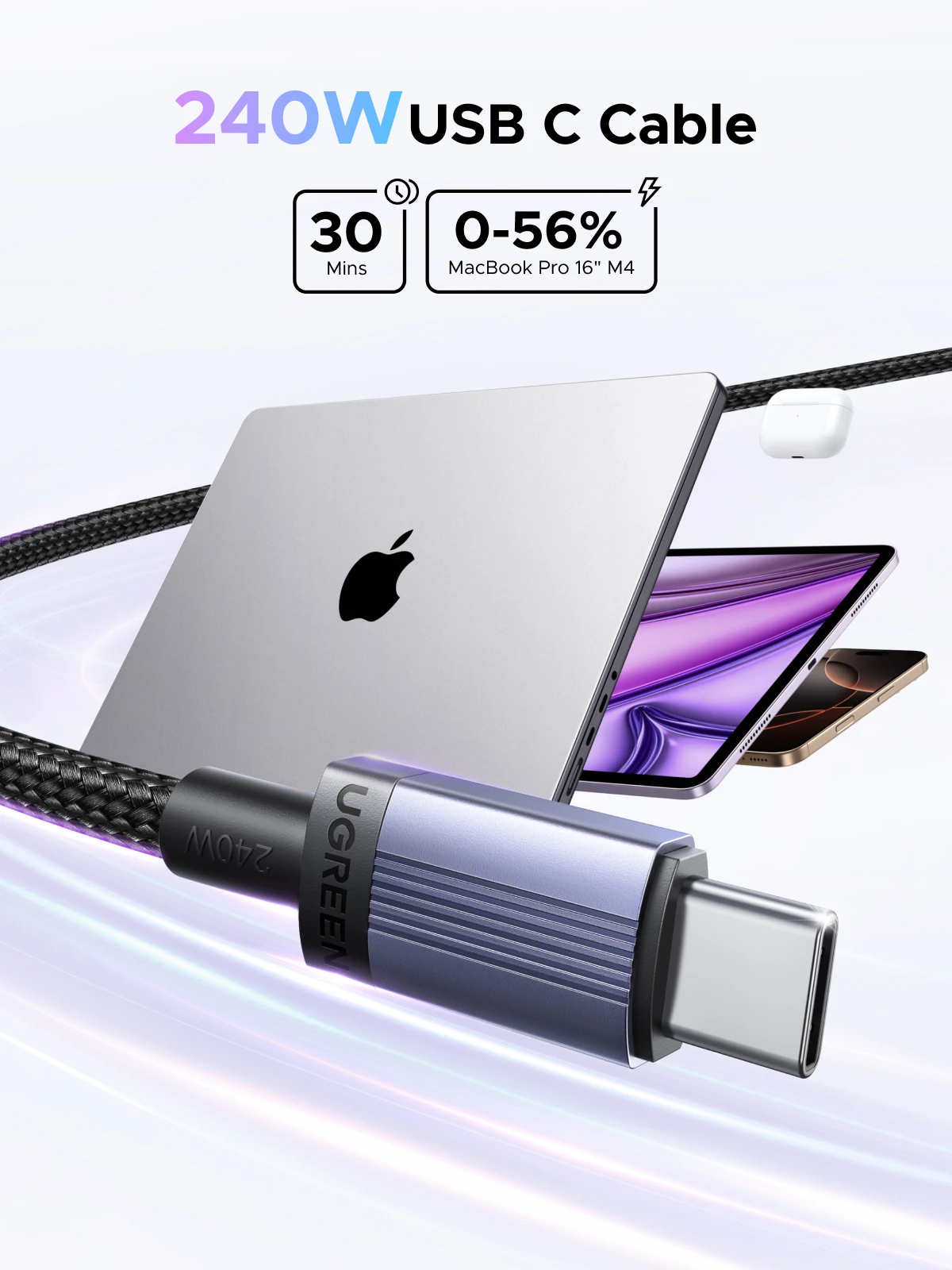 UGREEN 240W Kabel USB Typu C do Typu C 100W PD 3.1 Szybkie Ładowanie do APPLE Macbook Xiaomi Samsung Android Notebook 1m 2m — zdjęcie produktu 2