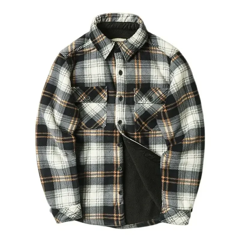 Winter Men Warm Fleece Shirts Long Sleeve Jackets Fleece Plaid Flannel Shirt Outdoor Thermal Casual Coats Hiking Fishing Shirts