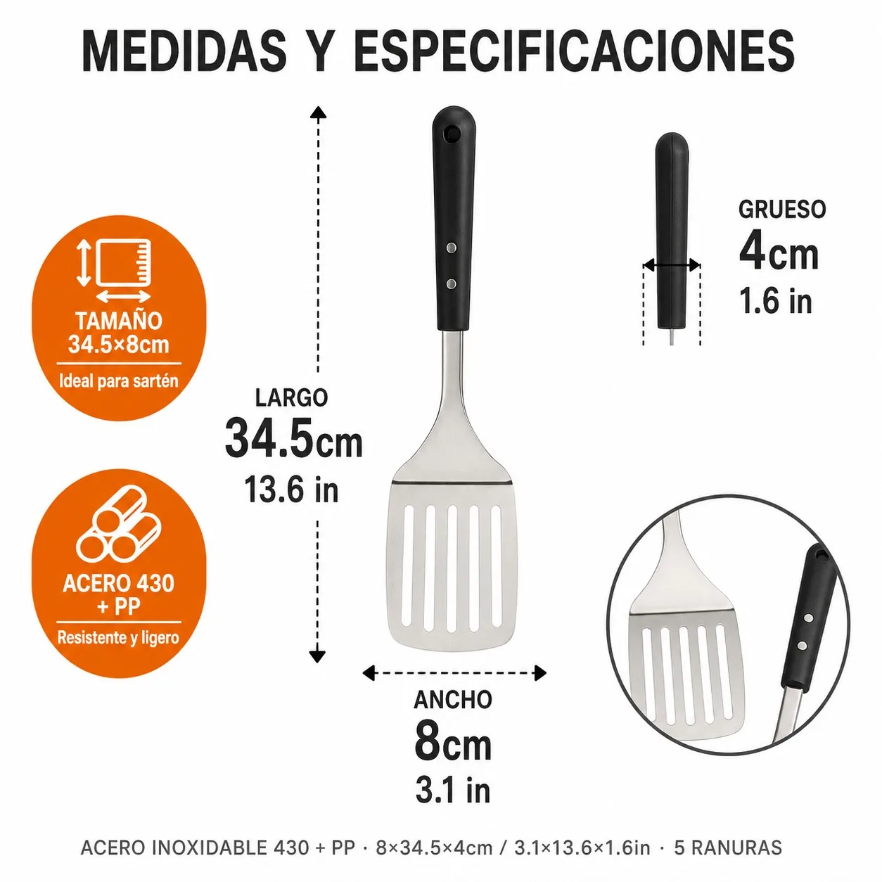 Fotografia 3: Espátula de Cozinha Profissional em Aço Inoxidável 430 com Cabo Ergonômico de PP, Espátula Plana com 5 Ranhuras para Drenar Gordura, Utensílio para Churrasco, Chapa e Frigideira, 34,5x8cm
