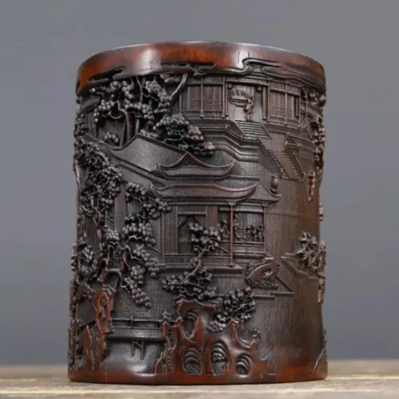 Antique Chinese Old Bamboo Carved Scenery Brush Pot Collection Office Supplies