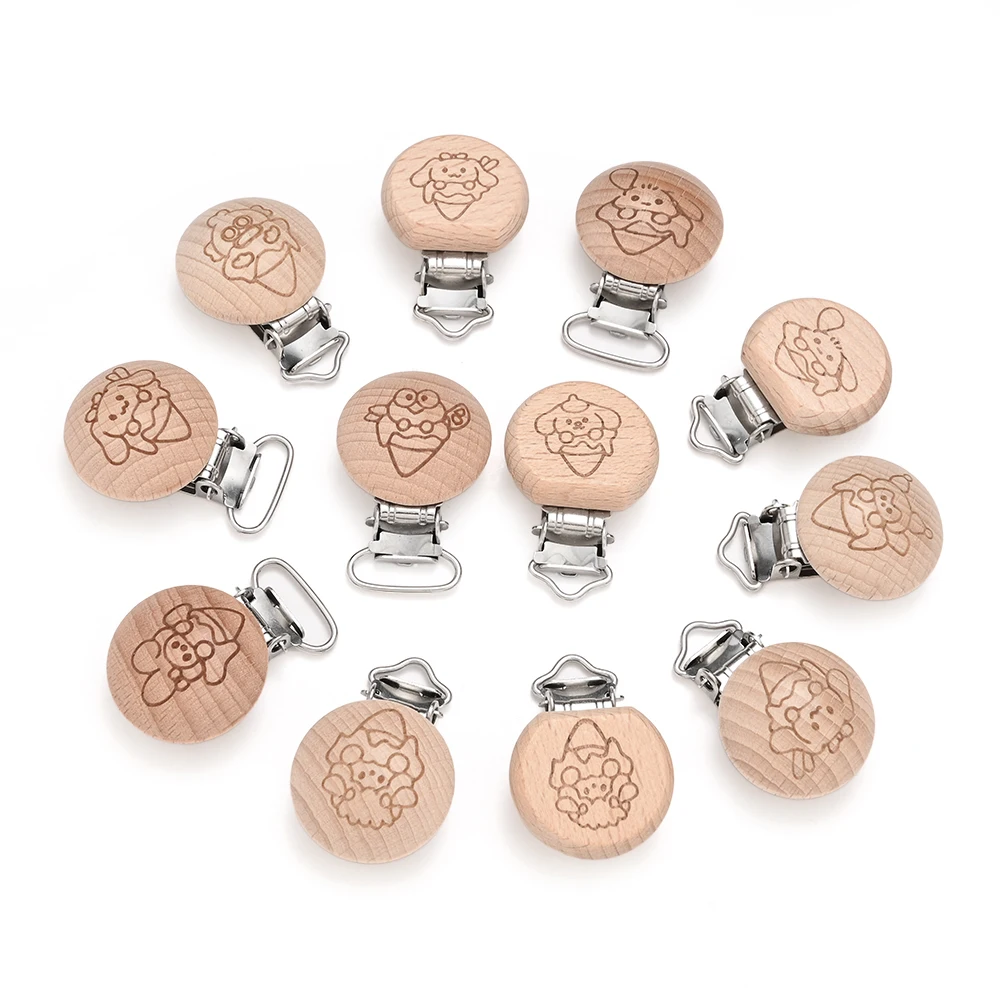 

9Pcs Sanrio 30mm Round Flat Mouthed Wooden Pacifier Clip For Food Grade Baby Teether Chew Toys DIY Pacifier Chain Dummy Holder