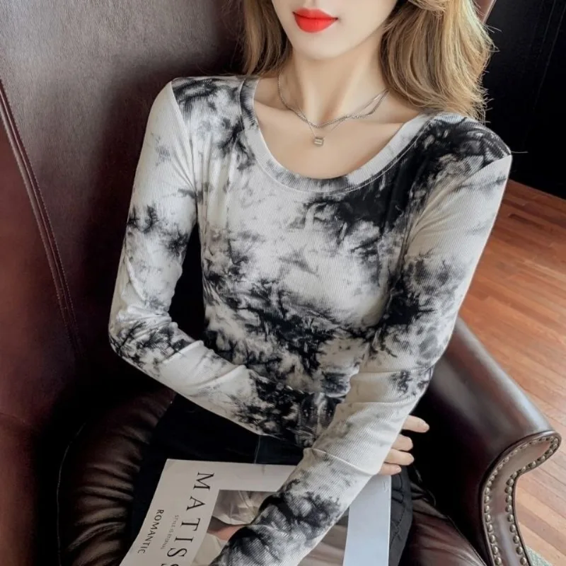 Commuter Tie Dye Contrast Color Women\'s Clothing Pullover Long Sleeve Round Neck Spring Autumn T-shirt Korean Fashion Tops