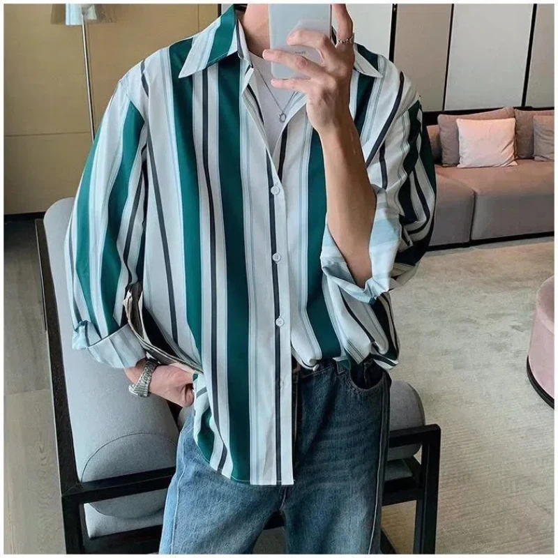 Spring Autumn New Fashion POLO Collar Long Sleeve Striped Men\'s Clothing Blouse Korean Loose Thin Single Breasted Buttons Shirts