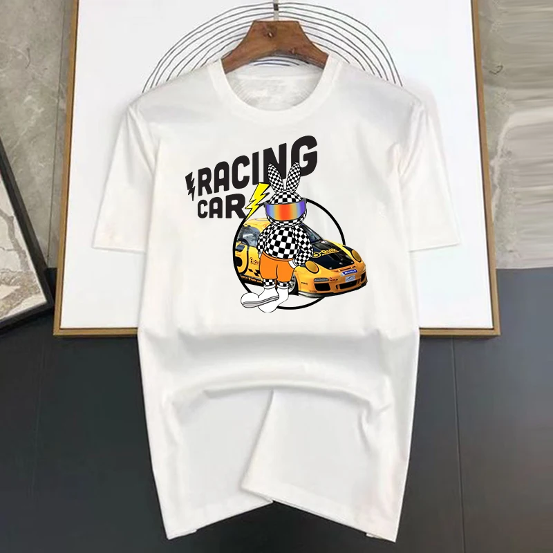 Men's Clothing Tee Grid Rabbit Racing Car T-Shirt Summer Fashion Cotton Short Sleeve Vintage Black T Shirt Men's Oversized Tops