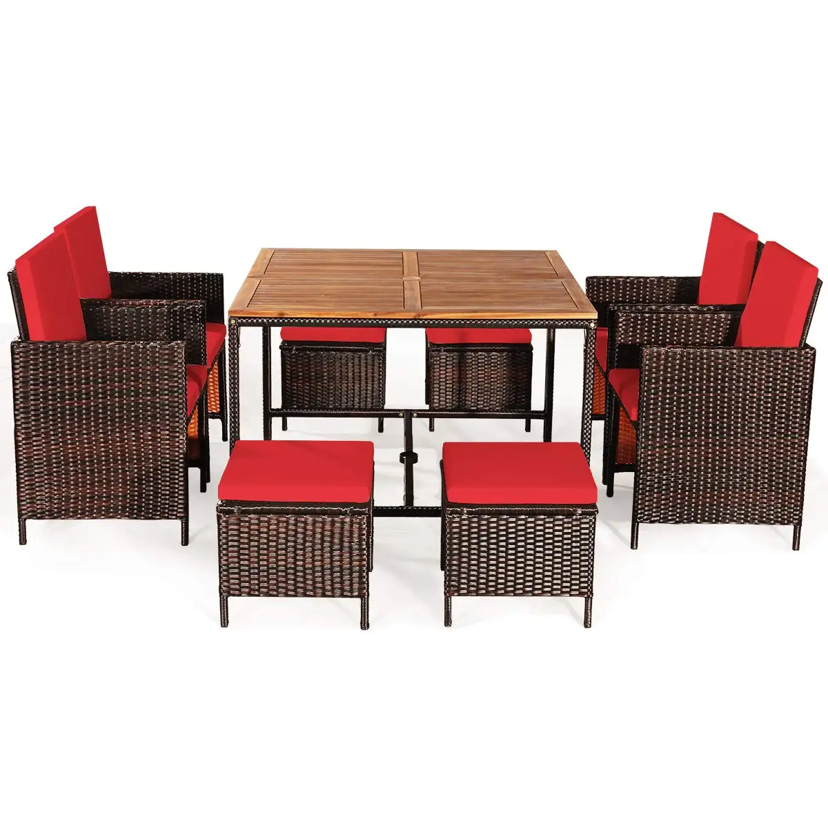 Patio Dining Set 9PCS Acacia Wood Table Wicker Chair Ottoman Cushioned Space-Saving Backyard Garden Poolside, Customized