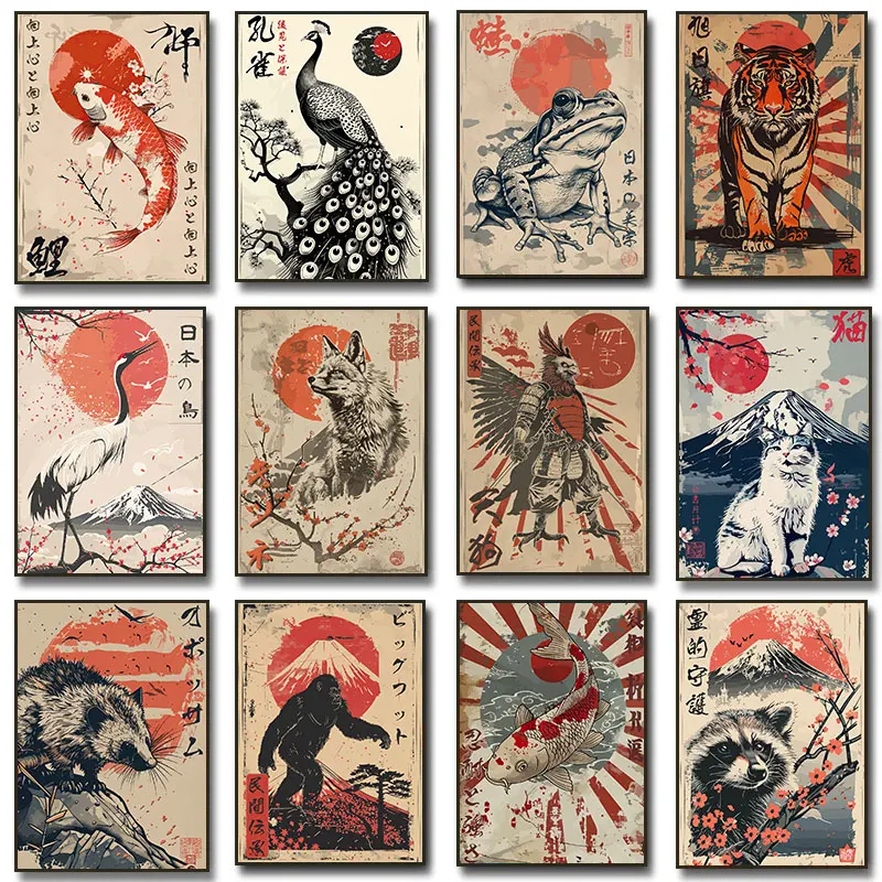 Vintage Japanese Animals Pray For Blessings Posters Prints Illustration Canvas Painting Wall Art Picture Living Room Home Decor