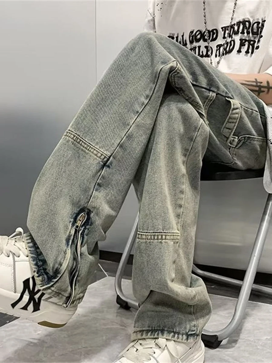 

Zipper Slit Loose Fit Straight Leg High Street Jeans Men's Spring American Retro Long Trousers Faionable Casual Jeans
