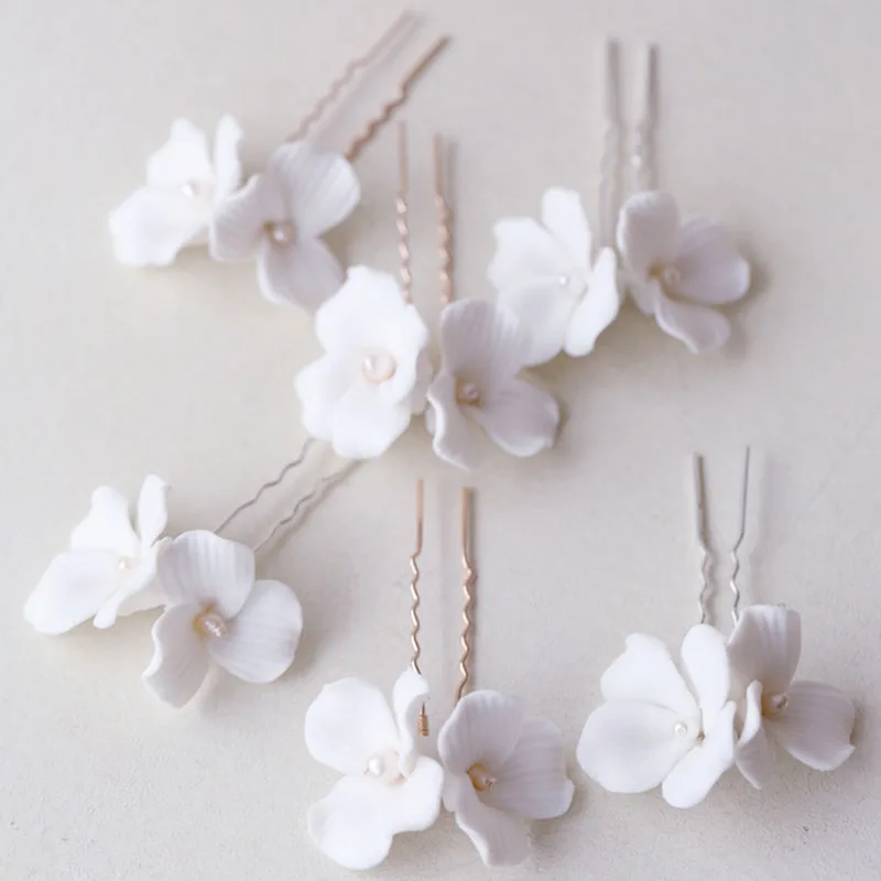 Wedding Pins Ceramic Floral Bridal Hair Clips Piece Freshwater Pearls Jewelry Gold Silver Color Women Bobby Pin