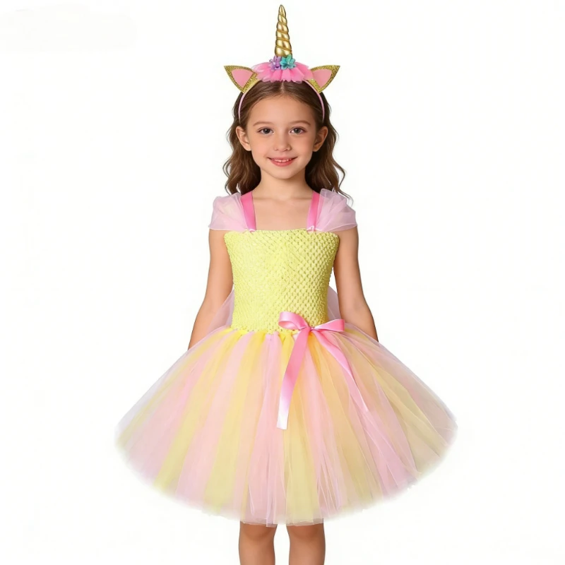 

Yellow Pink Pony Costumes for Baby Girls Halloween Christmas Outfit with Unicorn Hairbow for Kids Birthday Ballet Tutus Dress