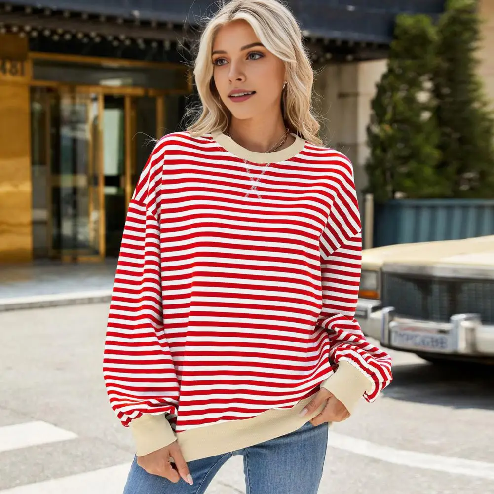 Women Cozy Top Long Sleeve Sweatshirt Striped Print Round Neck Sweatshirt for Women Loose Pullover with Long Sleeves Elastic