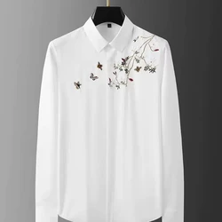 Chinese Style Men Shirts New Autumn Lapel Embroidery Button Trend Fashion Temperament Office Social Loog Sleeve Slim Shirts Tops