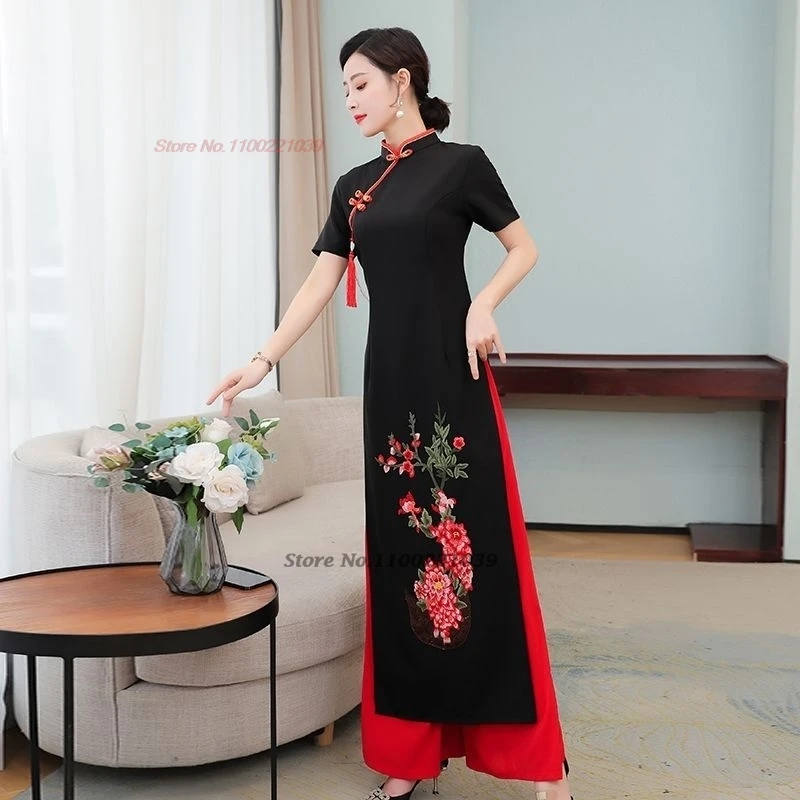 2024 traditional vietnam aodai dress+pants set flower embroidery dress ao dai improved qipao dress elegant banquet party dress