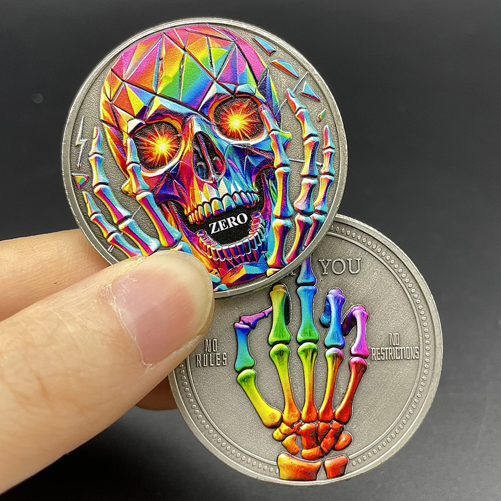 Colorful Skeleton Challenge Coin Collectibles Skull Middle Finger Commemorative Coin No Restrictions Creative Medal in Capsule