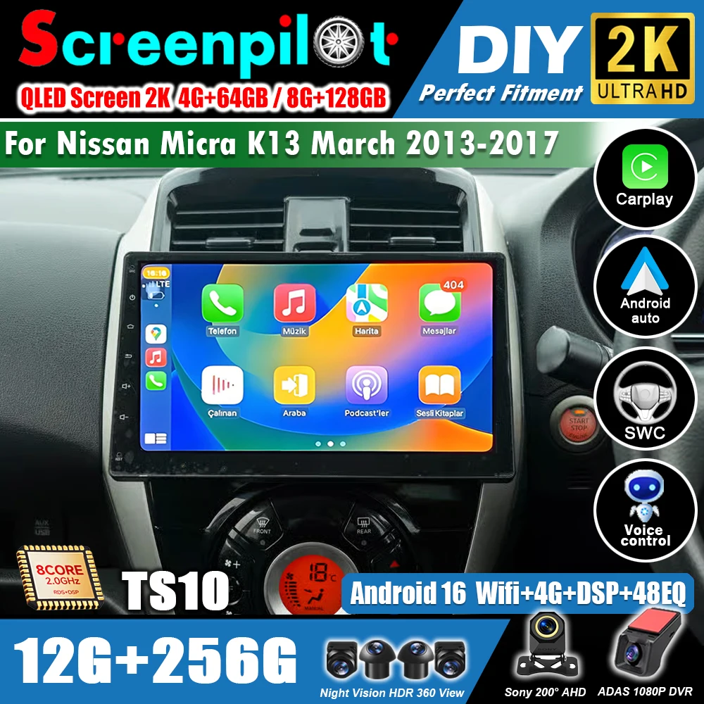 Android 16 Carplay For Nissan Micra K13 March 2013-2017 Auto RDS Radio GPS Navigation Stereo Head Unit 5G Multimedia Player WIFI