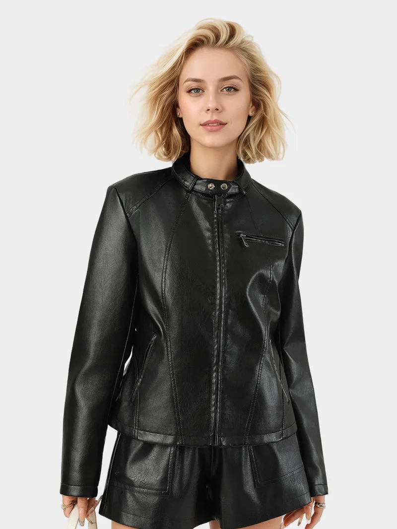 Chaqueta de cuero PU negra a la moda para mujer, abrigo corto con cuello redondo y manga larga con cremallera, prendas de vestir exteriores ajustadas para oficina para otoño