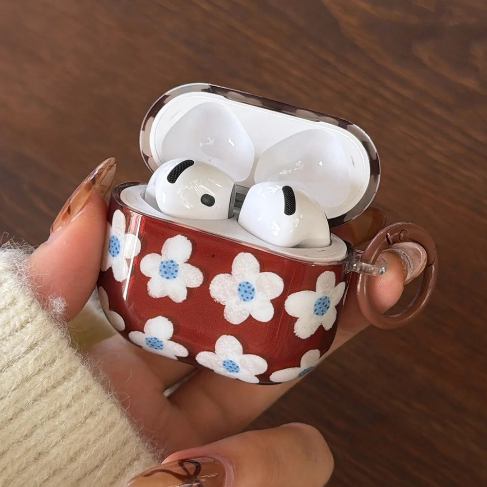 lovely brown yransparent white flower soft tpu protective case with keychain for apple airpods 4 3 2 1 pro 3 pro2 earphone cover