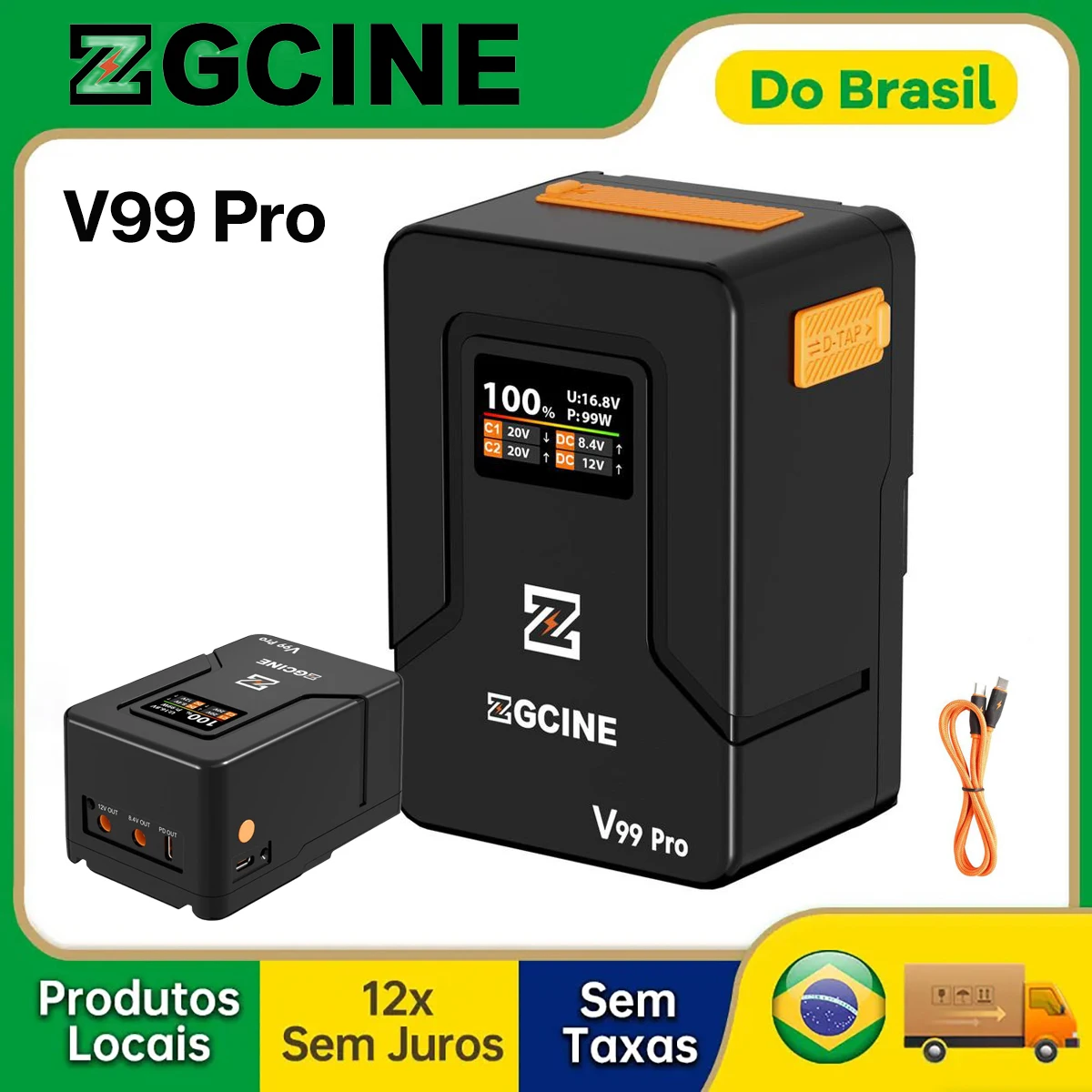 【Do Brasil】ZGCINE ZG V99 Bateria em V, Banco de Potência para Câmera, Celular, Computador, BMPCC, 6K Pro, Canon R5C, Sony FX3, 6800mAh
