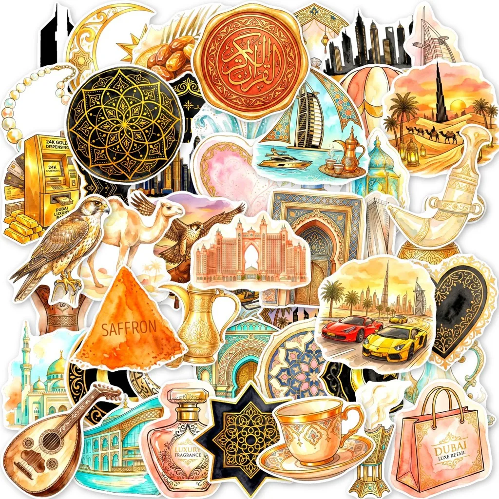 50Pcs Exotic Vintage Arabian Style Stickers, Dubai Themed Pattern Decals for Notebook, Luggage DIY Aesthetic Decoration