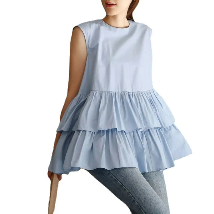 스위트 케이크 레이어 헴 돌 셔츠 여름 신상 라운드 넥 루즈핏 다용도 민소매 블라우스 탑 7가지 색상