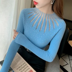 2023 Autumn Winter Pullovers New Fashion Knitwear Women's Diamond Tops Patchwork Mesh Bottom Sweater