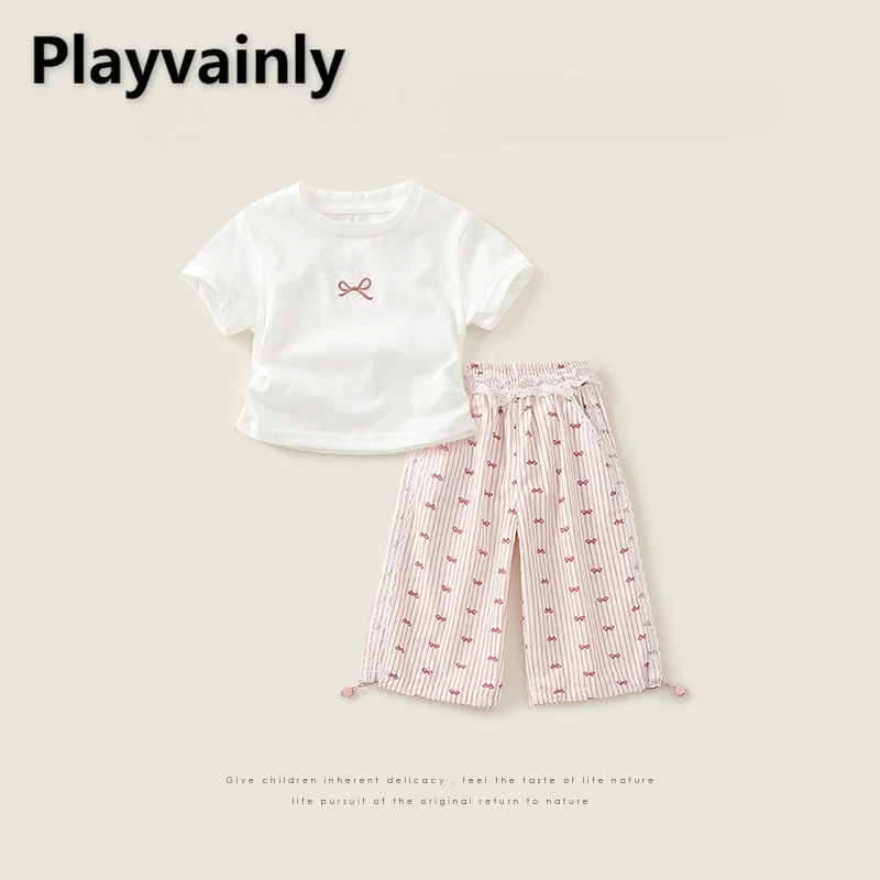new-summer-girls-sets-short-sleeve-crewneck-white-t-shirt-bow-stripe-trouser-legs-drawstring-wide-leg-pants-kids-clothes-a75322
