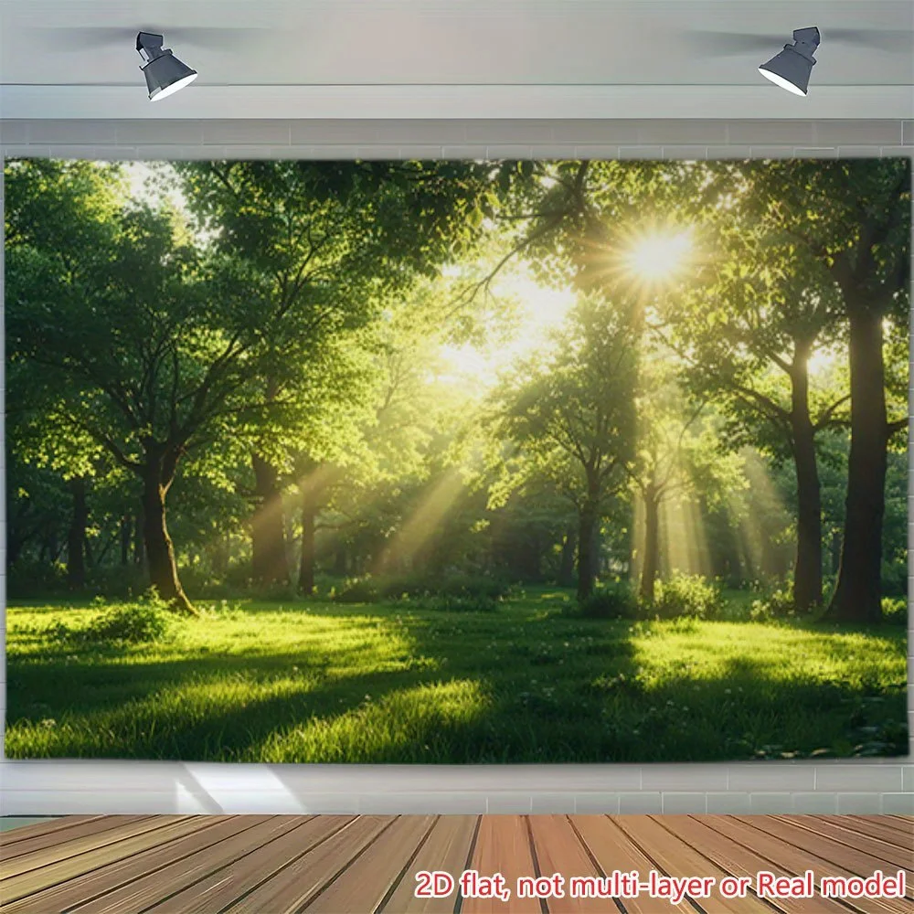 2D-Flachdruck-Partybanner, 1 Stück – Szenerie mit durchscheinendem Sonnenlicht, das durch die Baumzweige im Wald strahlt
