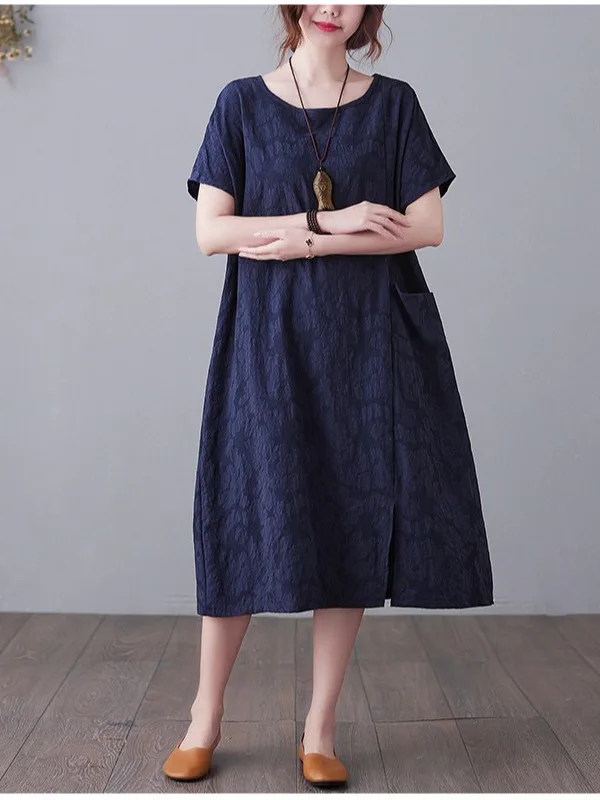 

Новый летний свободный круглый хлопок и лен с вышивкой Ne, большой размер, корейская версия, ретро трапециевидной формы Dr ort Sve, чистый цвет