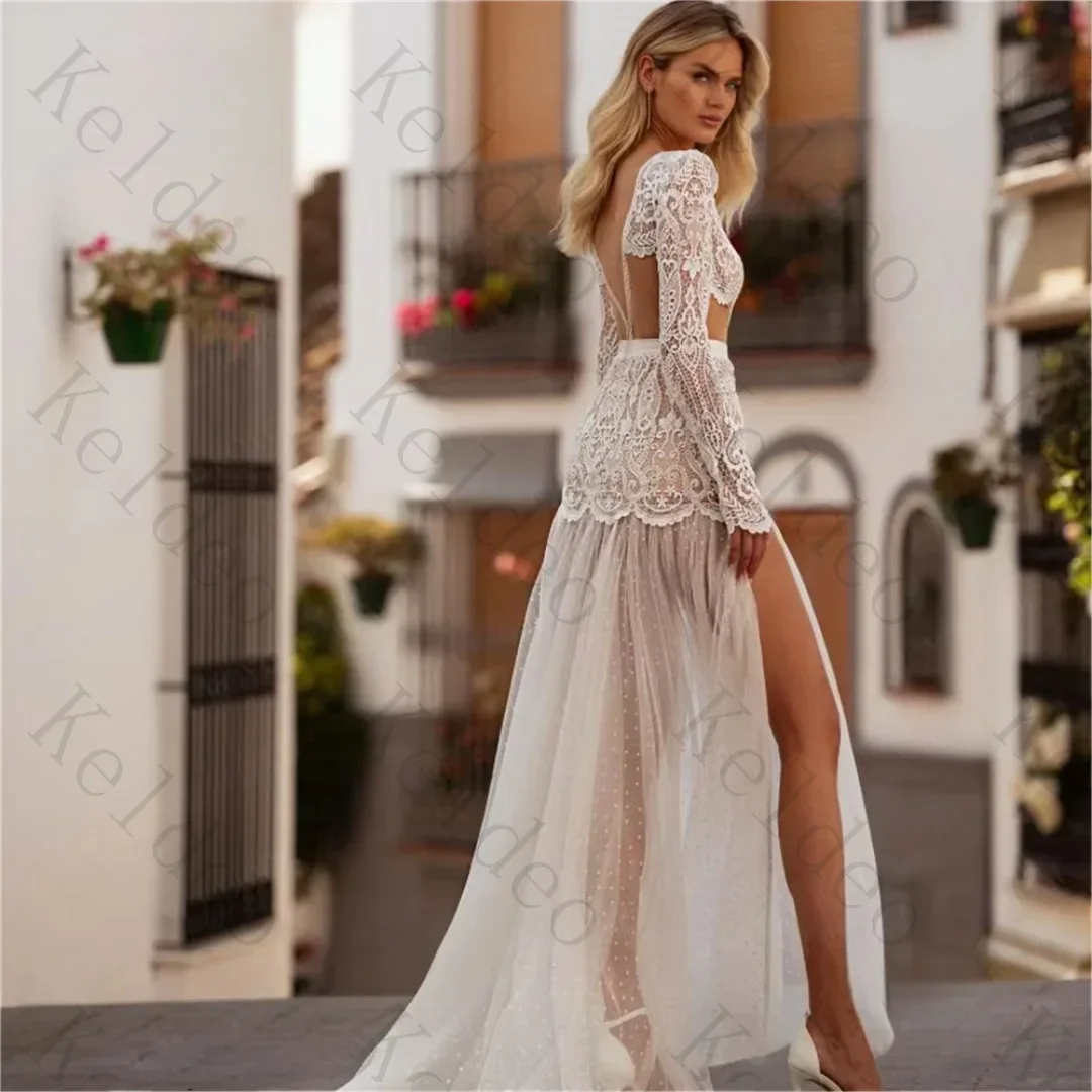Customized High Neck A Line Long Sleeve Wedding Dresses Two‑Piece Lace Applique Side Slit Tulle Draped Floor Length Bridal Gowns