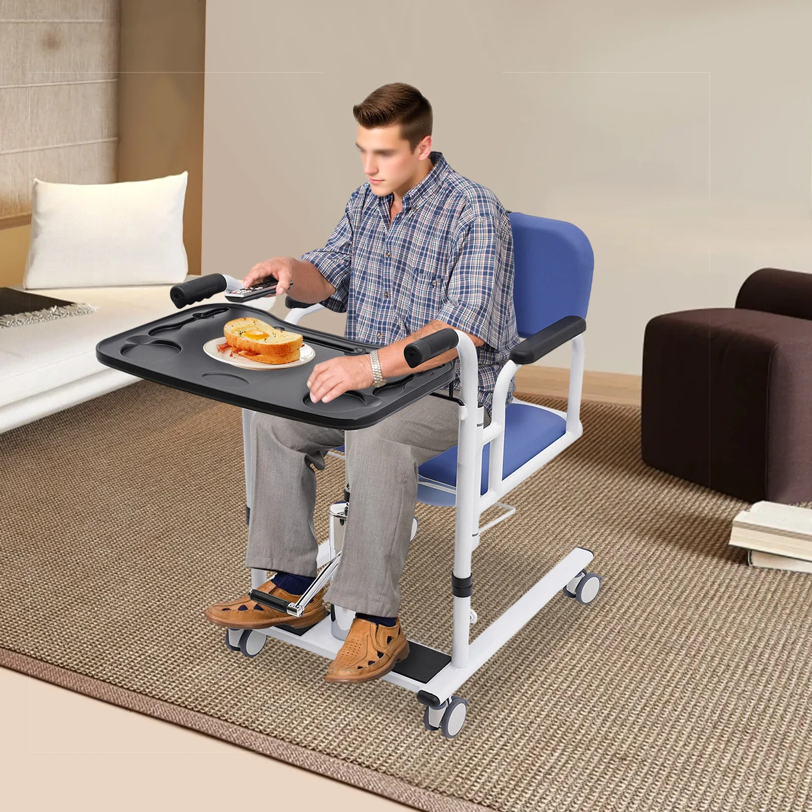 Hydraulic Patient Lift Transfer Chair, 330lbs Height Adjustable Transport Wheelchair Shower Chair 180° Split Seat Patient Lifter