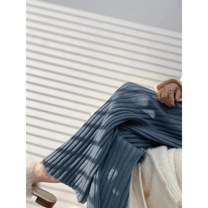 محبوك واسعة الساق ممسحة متوهج السراويل النساء فضفاضة الخريف عالية الخصر مستقيم سراويل تقليدية متماسكة السراويل أساسيات الإناث ثنيات فضفاض