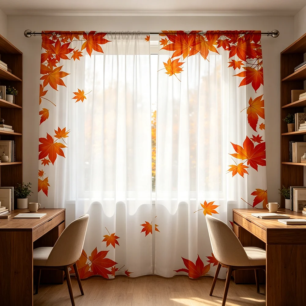 2PCS Digital Print Sheer Curtain, Maple Leaf Border, Autumn Fall Seasonal - Voile Drapes for Bedroom Living Room Decor
