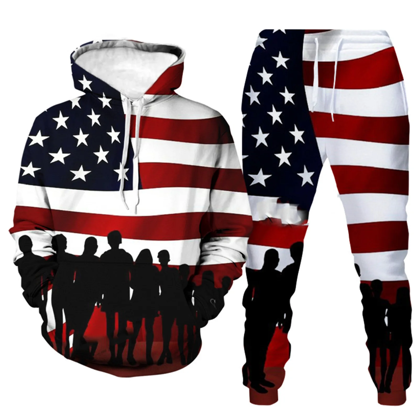 3D American Flag Impresso Tricô para Homens e Mulheres, Hoodie e Calças, Sportwear, Cool Men's Clothing, Outono, Inverno, 2 pcs