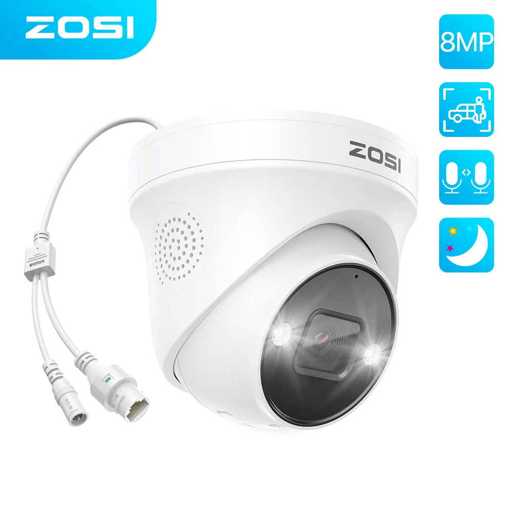 ZOSI 8MP/5MP Dome PoE Camera Outdoor 2-Way Audio Color Night Vision Street Surveillance IP Camera Smart Human Vehicle Detection