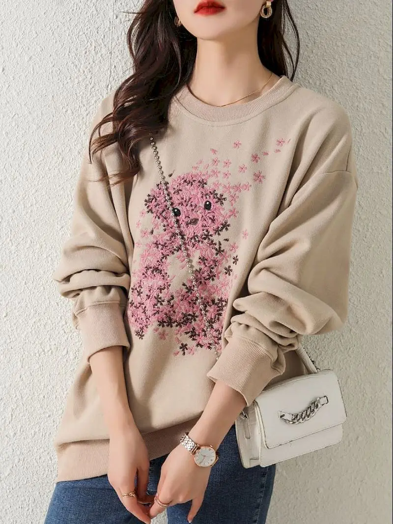 100% Cotton Pullovers Women Fashion Embroidery Cartoon Pullover High Grade Long Sleeve Tshirt Tops Spring Autumn Trend Top Y2k