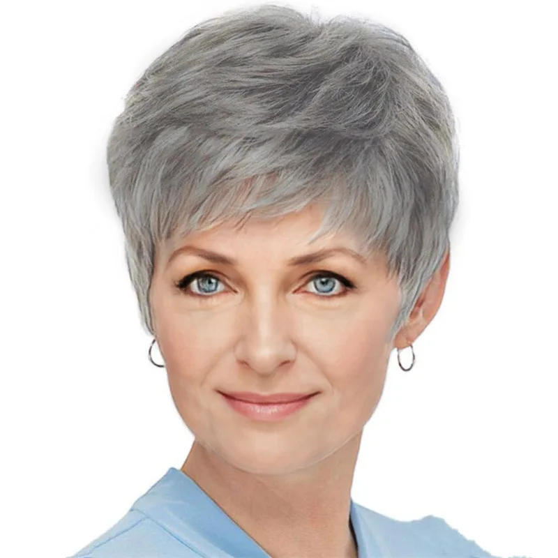 Hot Wig Lady Grandma Grey Side Part Short Straight Hair Middle-Aged and Elderly Breathable Synthetic Fiber Wig Full Head Set