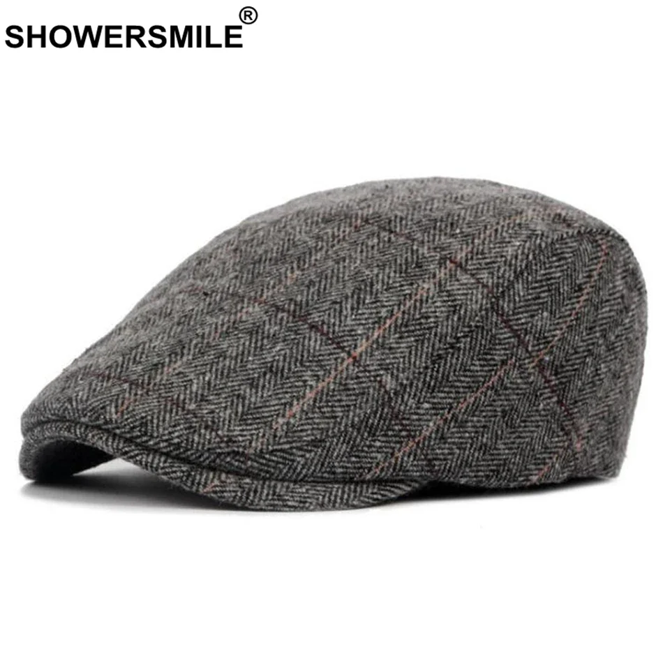 SHOWERSMILE Grey Plaid Beret Hat Men Wool Herringbone Tweed Duckbill Hat Male Warm Caps Classic Autumn Winter Flat Caps British