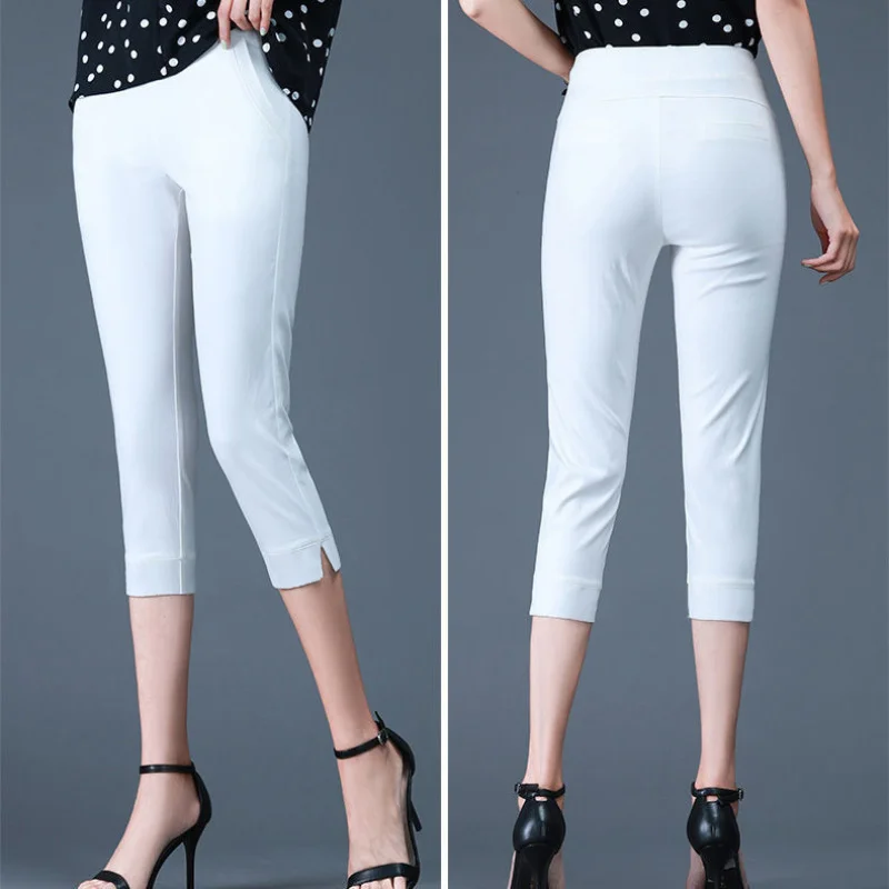 Korean Fashion Capris Pants Women 2024 Spring Summer Casual High Waist Office Lady Pencil Pants Calf-Length Trousers White