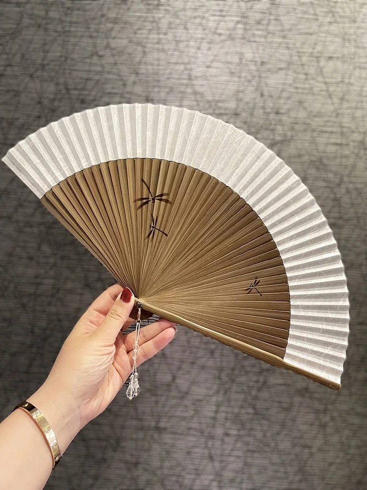 Women's niche design sense simple blank exquisite Zen creative folding fan retro and paper inkjet dragonfly fan