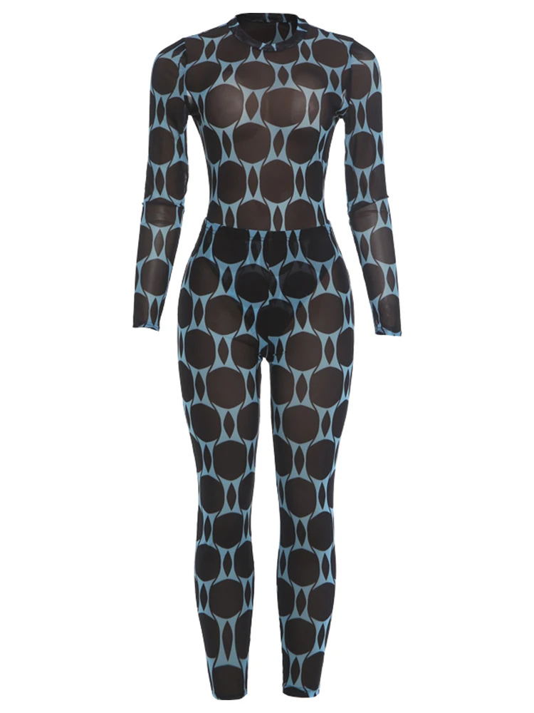 Nibber Midnight Sexy durchsichtiges 2-teiliges Set für Damen, Patchwork-Druck, O-Ausschnitt, volle Ärmel, Body + schmale, hüftumwickelte, lange Hosen-Outfits – Detail 2